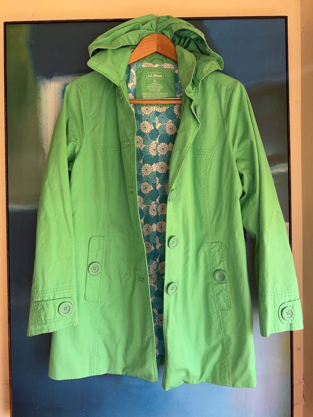 L.L.Bean Women's Green Hooded Cotton Rain Jacket Size M